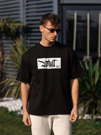 Erkek Kısa Kol Yazlık Tişört Bisiklet Yaka Baskılı Oversize T-Shirt - Siyah