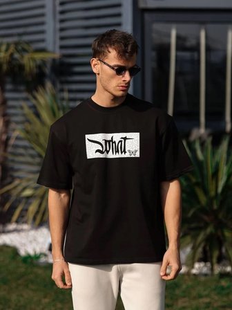 Erkek Kısa Kol Yazlık Tişört Bisiklet Yaka Baskılı Oversize T-Shirt - Siyah