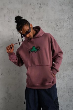 Erkek 3 İplik Pamuklu Kapüşonlu Baskılı Cepli Sweatshirt Hoodie - Gül Kurusu