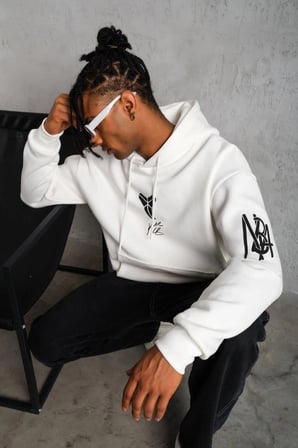 Erkek 3 İplik Pamuklu Kapüşonlu Baskılı Cepli Oversize Sweatshirt Hoodie - Beyaz