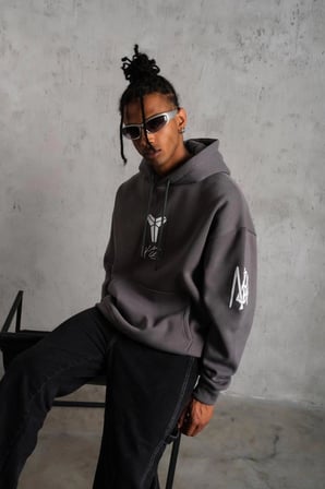 Erkek Baskılı Kapüşonlu 3 iplik pamuklu Hoodie Sweatshirt - Gri
