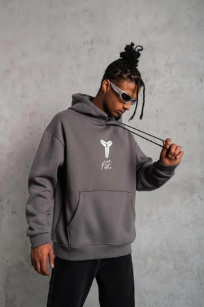 Erkek Baskılı Kapüşonlu 3 iplik pamuklu Hoodie Sweatshirt - Gri