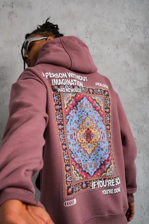 Erkek 3 İplik Pamuklu Kapüşonlu Baskılı Cepli Sweatshirt Hoodie - Gül Kurusu