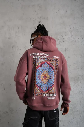 Erkek 3 İplik Pamuklu Kapüşonlu Baskılı Cepli Sweatshirt Hoodie - Gül Kurusu