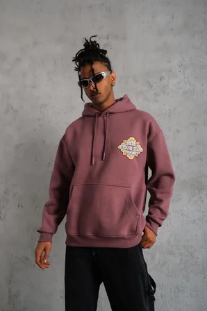 Erkek 3 İplik Pamuklu Kapüşonlu Baskılı Cepli Sweatshirt Hoodie - Gül Kurusu