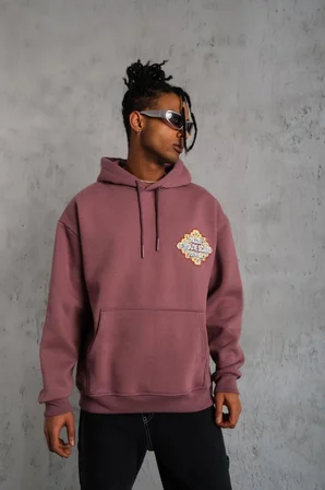 Erkek 3 İplik Pamuklu Kapüşonlu Baskılı Cepli Sweatshirt Hoodie - Gül Kurusu