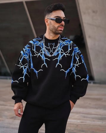 Erkek Yıldırım Baslılı Bisiklet Yaka 3 iplik pamuklu Sweatshirt - Siyah