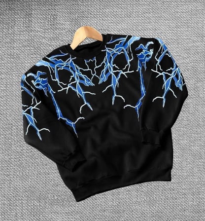 Erkek Yıldırım Baslılı Bisiklet Yaka 3 iplik pamuklu Sweatshirt - Siyah