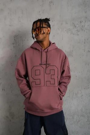 Erkek 3 İplik Pamuklu Kapüşonlu Baskılı Cepli Sweatshirt Hoodie - Gül Kurusu