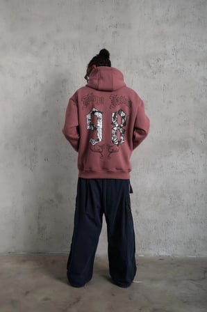 Erkek 3 İplik Pamuklu Kapüşonlu Baskılı Cepli Sweatshirt Hoodie - Gül Kurusu