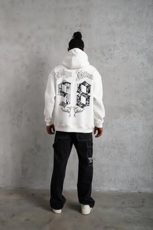 Erkek 98 Baskılı Kapşonlu 3 iplik pamuklu Sweatshirt hoodie - Beyaz