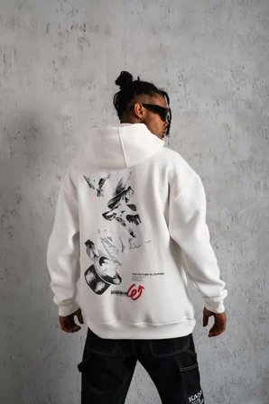 Erkek 3 İplik Pamuklu Kapüşonlu Baskılı Cepli Oversize Sweatshirt Hoodie - Beyaz