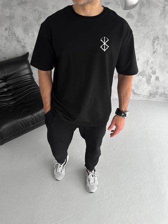 Erkek Kısa Kol Yazlık Tişört Bisiklet Yaka Baskılı Oversize T-Shirt - Siyah