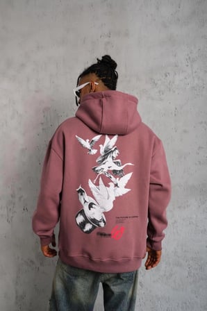 Erkek 3 İplik Pamuklu Kapüşonlu Baskılı Cepli Oversize Sweatshirt Hoodie - Gül Kurusu