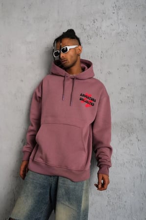 Erkek 3 İplik Pamuklu Kapüşonlu Baskılı Cepli Oversize Sweatshirt Hoodie - Gül Kurusu