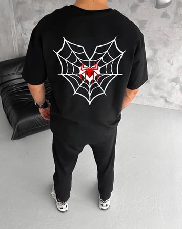 Erkek Kısa Kol Tişört Bisiklet Yaka ÖRÜMCEK Baskılı Oversize T-Shirt - Siyah