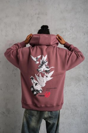 Erkek 3 İplik Pamuklu Kapüşonlu Baskılı Cepli Oversize Sweatshirt Hoodie - Gül Kurusu