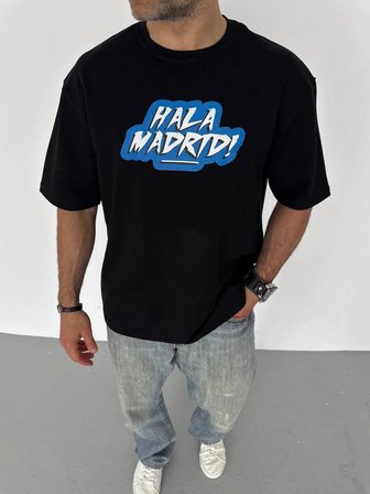 ERKEK Tişört Bisiklet Yaka Baskılı Oversize T-Shirt - Siyah