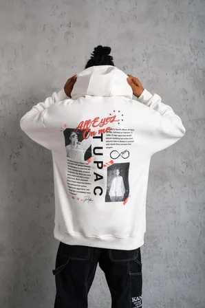 Erkek 3 İplik Pamuklu Kapüşonlu Baskılı Cepli Oversize Sweatshirt Hoodie - Beyaz