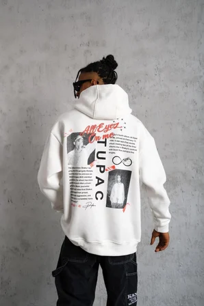 Erkek 3 İplik Pamuklu Kapüşonlu Baskılı Cepli Oversize Sweatshirt Hoodie - Beyaz
