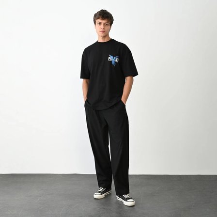 Erkek Baskılı T-Shirt Kısa Kol Bisiklet Yaka Regular Fit Rahat Kalıp Günlük Tişört - Siyah