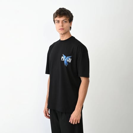 Erkek Baskılı T-Shirt Kısa Kol Bisiklet Yaka Regular Fit Rahat Kalıp Günlük Tişört - Siyah