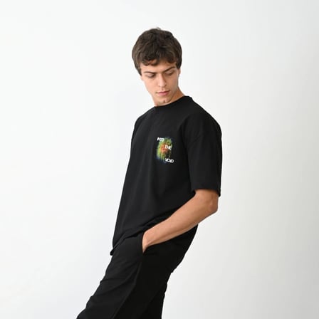 Erkek Kısa Kol Yazlık Tişört Bisiklet Yaka Baskılı Oversize T-Shirt - Siyah