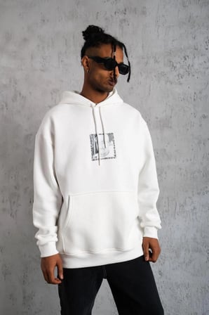 Erkek 3 İplik Pamuklu Kapüşonlu Baskılı Cepli Oversize Sweatshirt Hoodie - Beyaz