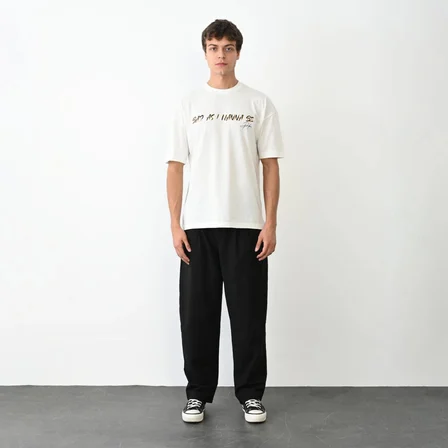 Erkek Baskılı T-Shirt Kısa Kol Bisiklet Yaka Regular Fit Rahat Kalıp Günlük Tişört- Beyaz