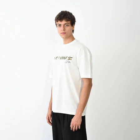 Erkek Baskılı T-Shirt Kısa Kol Bisiklet Yaka Regular Fit Rahat Kalıp Günlük Tişört- Beyaz