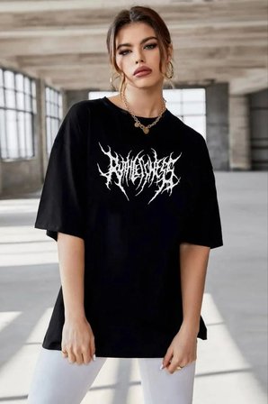 Kadın Baskılı T-Shirt Kısa Kol Bisiklet Yaka Oversize Rahat Kalıp Günlük Tişört   - Siyah