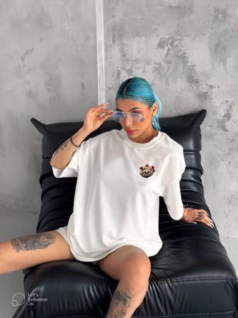 Kadın Kısa Kol Yazlık Tişört Bisiklet Yaka Kuru Kafa Baskılı T-Shirt - Beyaz
