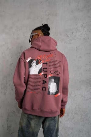 Erkek 3 İplik Pamuklu Kapüşonlu Baskılı Cepli Sweatshirt Hoodie - Gül Kurusu