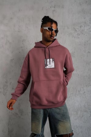 Erkek 3 İplik Pamuklu Kapüşonlu Baskılı Cepli Sweatshirt Hoodie - Gül Kurusu