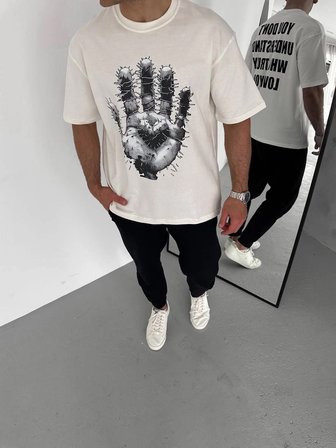 Erkek Baskılı T-Shirt Kısa Kol Bisiklet Yaka Regular Fit Rahat Kalıp Günlük Tişört - Beyaz