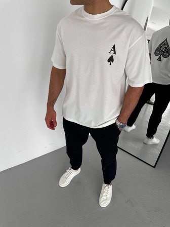 Erkek Baskılı T-Shirt Kısa Kol Bisiklet Yaka Regular Fit Rahat Kalıp Günlük Tişört - Beyaz