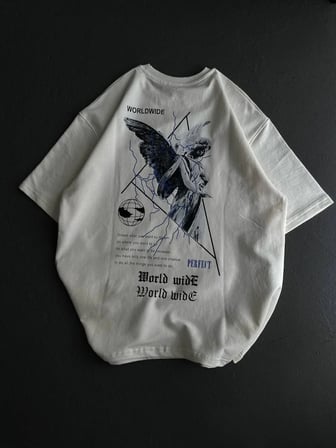 Kadın Baskılı T-Shirt Kısa Kol Bisiklet Yaka Oversize Rahat Kalıp Günlük Tişört   - Beyaz