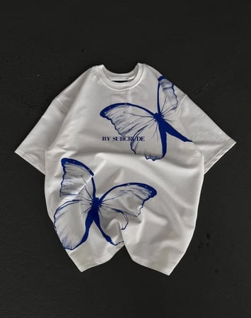kadın  Bisiklet Yaka Baskılı Oversize T-Shirt - Beyaz