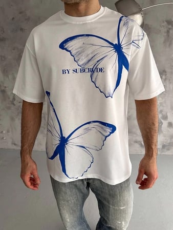 Erkek Kısa Kol Yazlık Tişört Bisiklet Yaka Baskılı Oversize T-Shirt - Beyaz