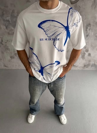 Erkek Kısa Kol Yazlık Tişört Bisiklet Yaka Baskılı Oversize T-Shirt - Beyaz