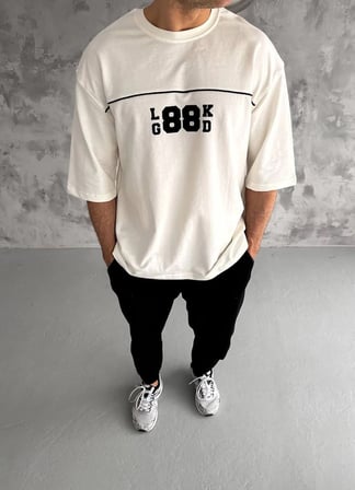 Erkek Kısa Kol Yazlık Tişört Bisiklet Yaka Baskılı Oversize T-Shirt - Beyaz