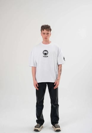 Erkek Kısa Kol Tişört Göğüs ve Kol Bisiklet Yaka Baskılı T-Shirt - Beyaz