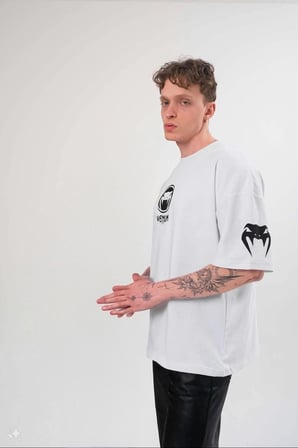 Erkek Kısa Kol Tişört Göğüs ve Kol Bisiklet Yaka Baskılı T-Shirt - Beyaz