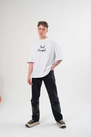 Erkek Kısa Kol Yazlık Tişört Bisiklet Yaka Baskılı Oversize T-Shirt -  Beyaz