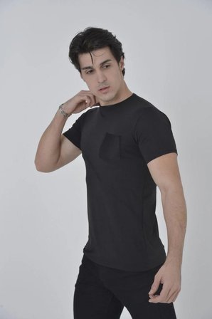 Erkek File Çepli  T-Shirt Kısa Kol Bisiklet Yaka Slimfit Tişört - Siyah