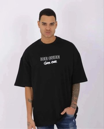 Erkek Kısa Kol Yazlık Tişört Bisiklet Yaka Baskılı Oversize T-Shirt - Siyah