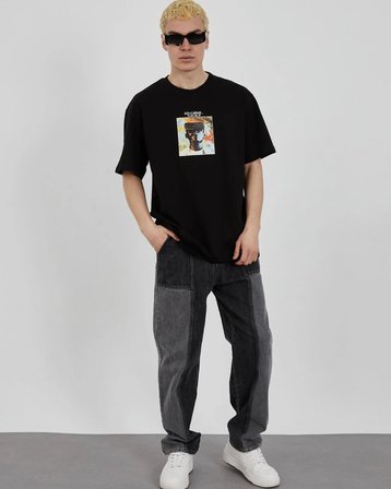Erkek Kısa Kol Yazlık Tişört Bisiklet Yaka Baskılı Oversize T-Shirt - Siyah