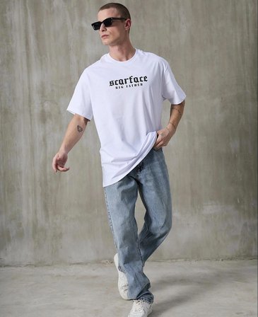 Erkek Kısa Kol Yazlık Tişört Bisiklet Yaka Baskılı Oversize T-Shirt - Beyaz