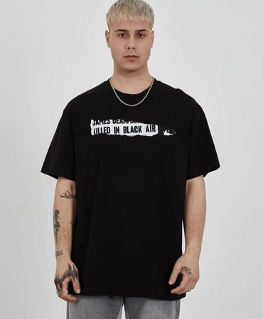 Erkek Kısa Kol Yazlık Tişört Bisiklet Yaka Baskılı Oversize T-Shirt - Siyah