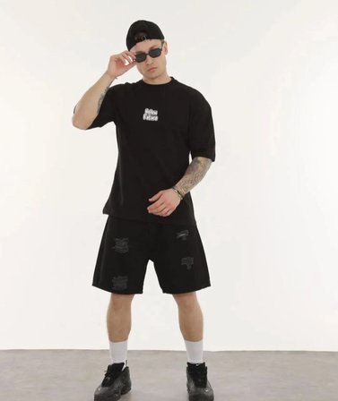 Erkek Kısa Kol Yazlık Tişört Bisiklet Yaka Baskılı Oversize T-Shirt - Siyah